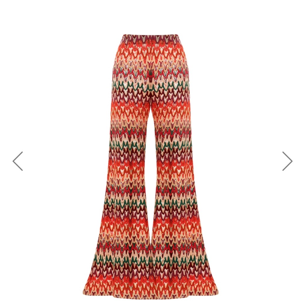 flare pants feature unique crochet look with layers of multicolors.